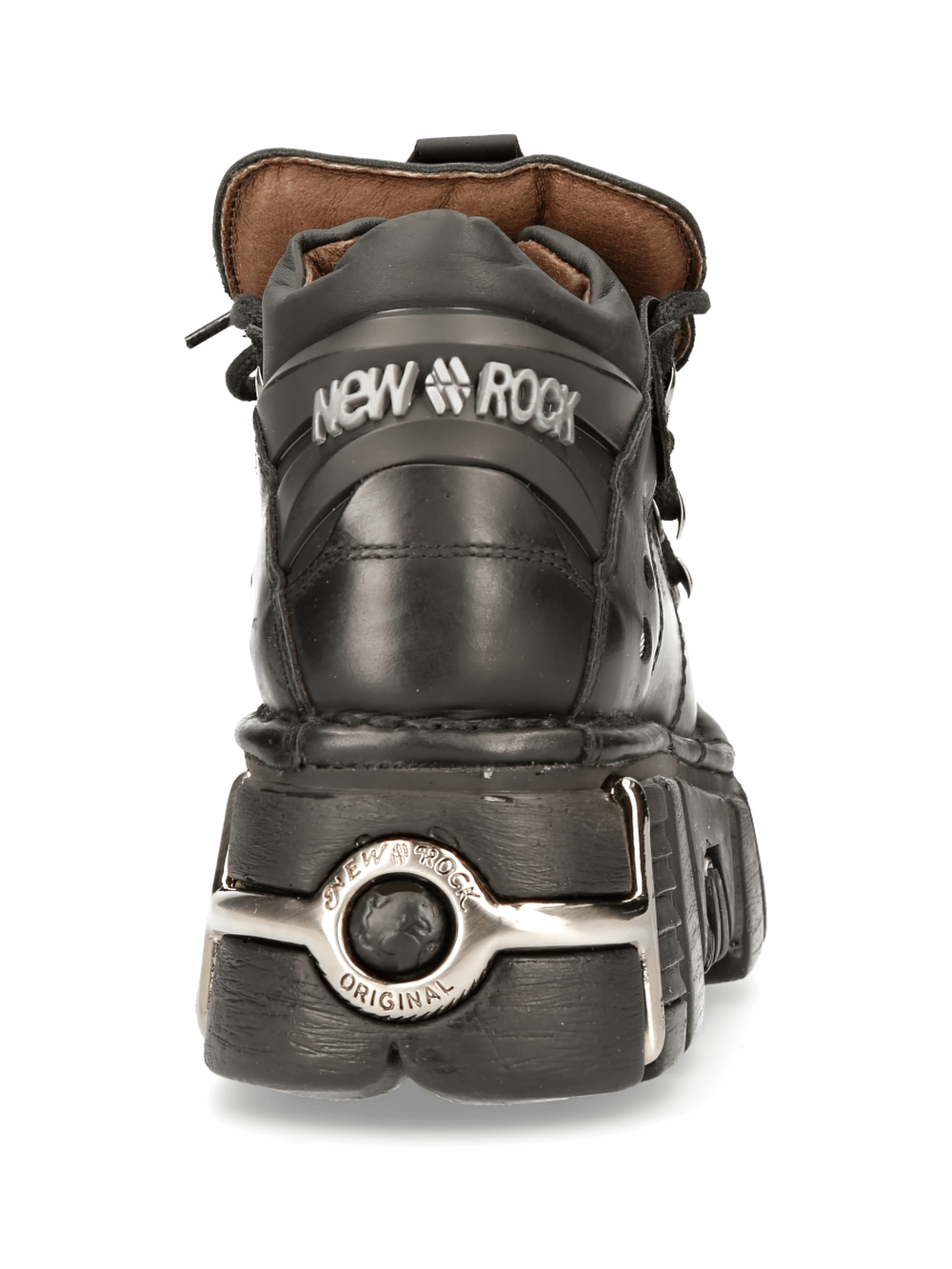 Back view of NEW ROCK Men's black metallic ankle boots featuring stud details and distinctive silver accents.