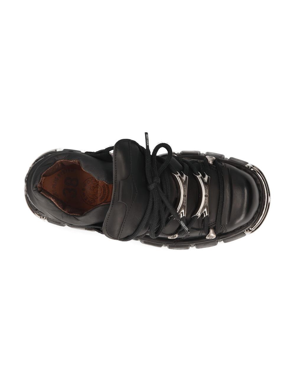Top view of NEW ROCK black metallic ankle boots with stud details and lace-up design.