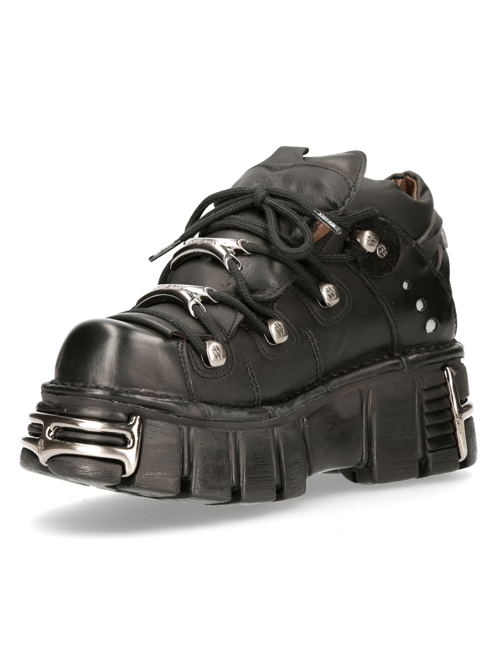 New Rock men's black metallic ankle boots with studs and platform sole, adding gothic flair and height.