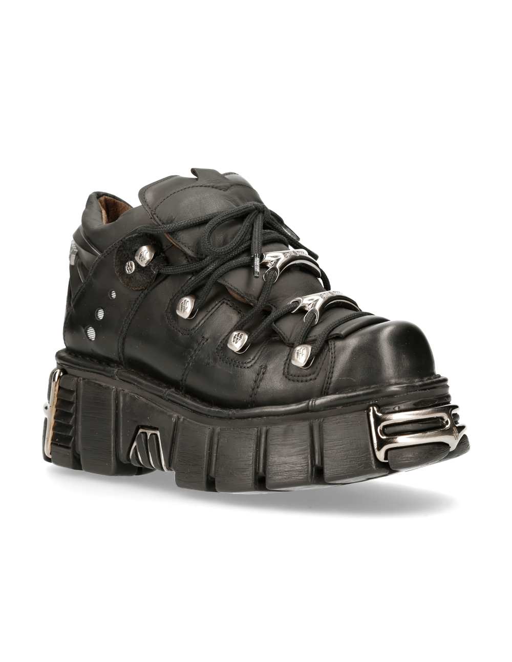 NEW ROCK men's black metallic ankle boots with studs and platform sole for a gothic rock look.