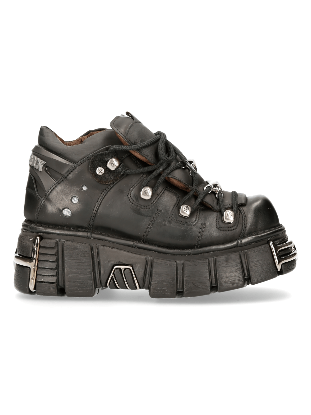 New Rock Men's black metallic ankle boots with stud details and platform sole for a bold gothic look.