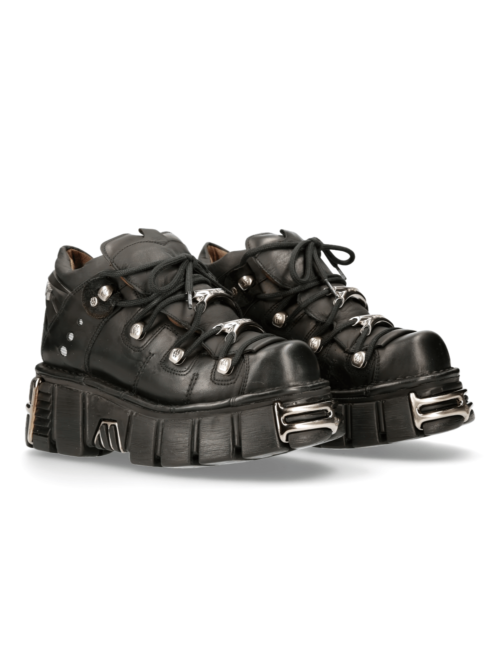 Black metallic ankle boots with studs and platform sole for a bold gothic look.