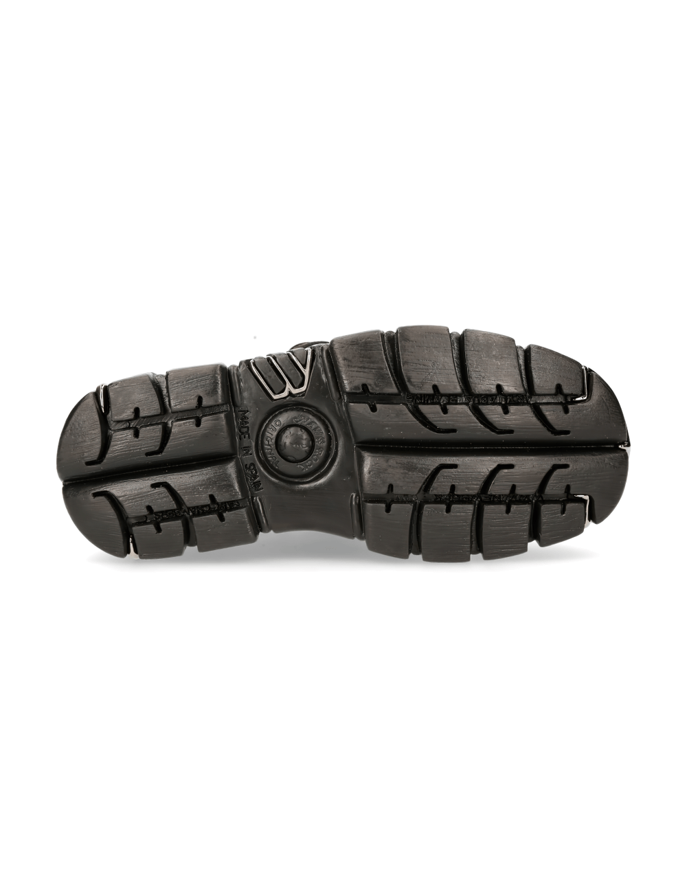 Sole of NEW ROCK Men's Black Metallic Ankle Boots showcasing unique tread pattern and durable design.