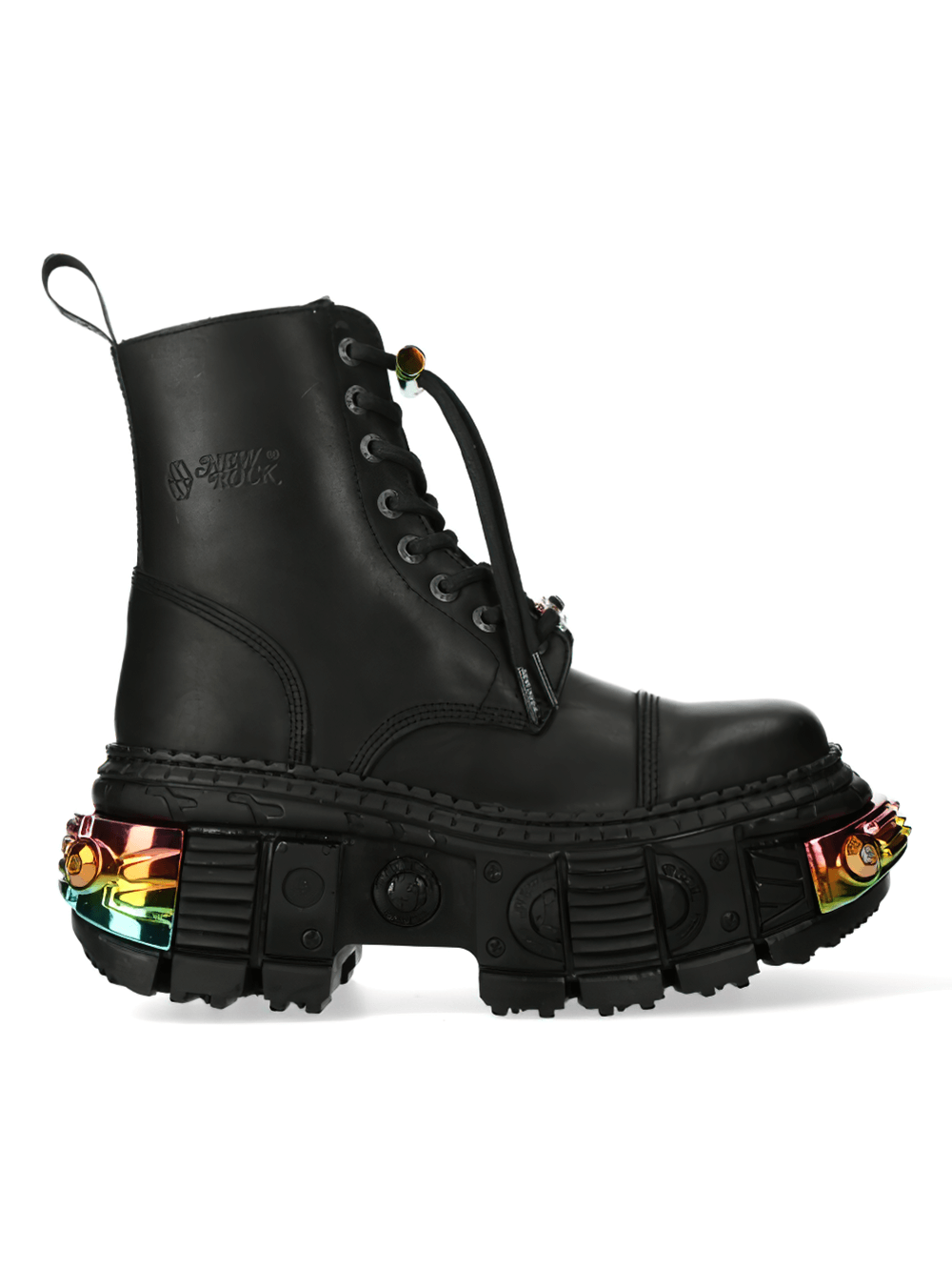 NEW ROCK Black Military Ankle Boots with Color Details - Bold fashion statement with vibrant sole and durable leather.