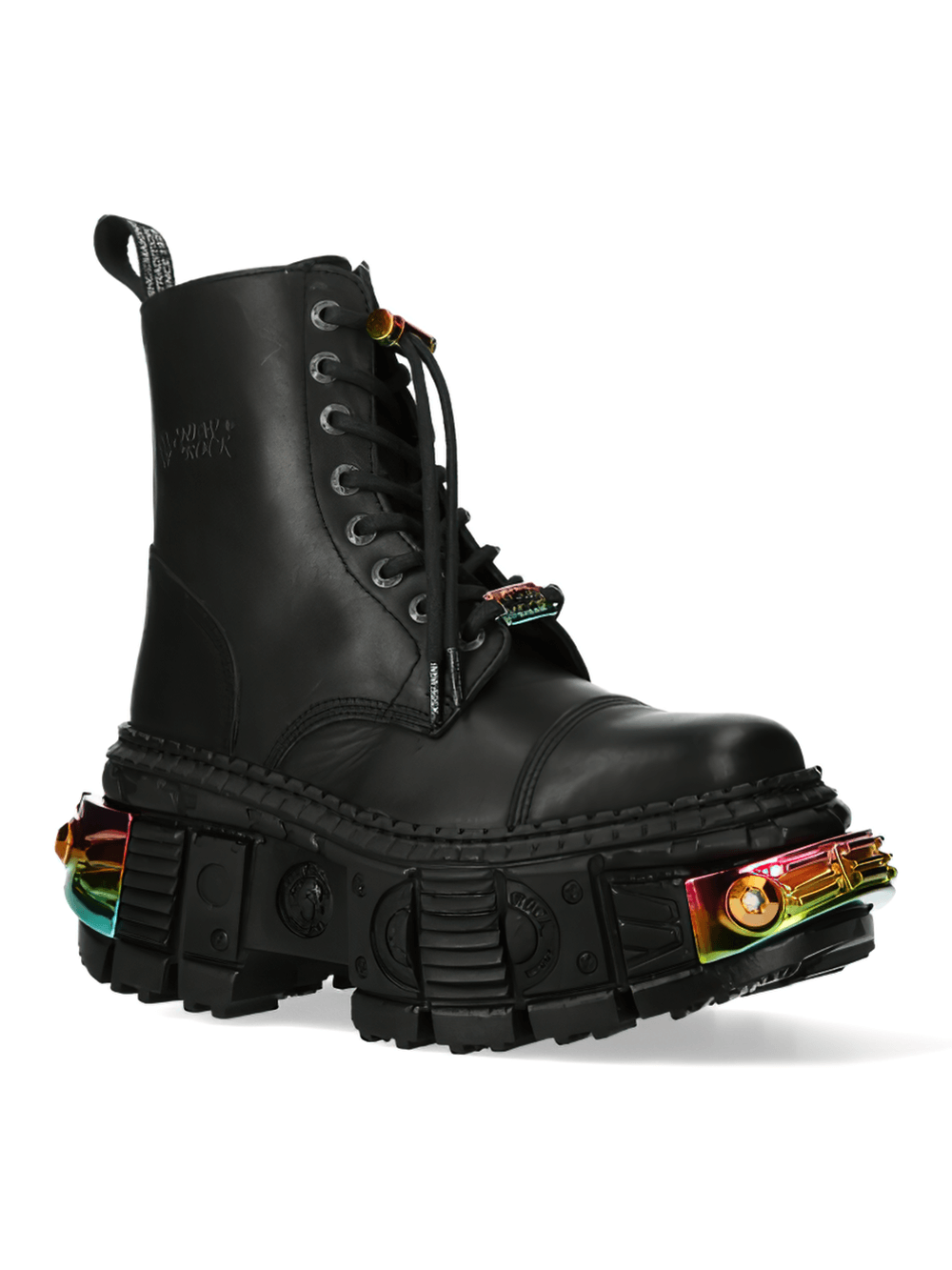 NEW ROCK Black Military Ankle Boots with vibrant color detail sole for bold style and durability.