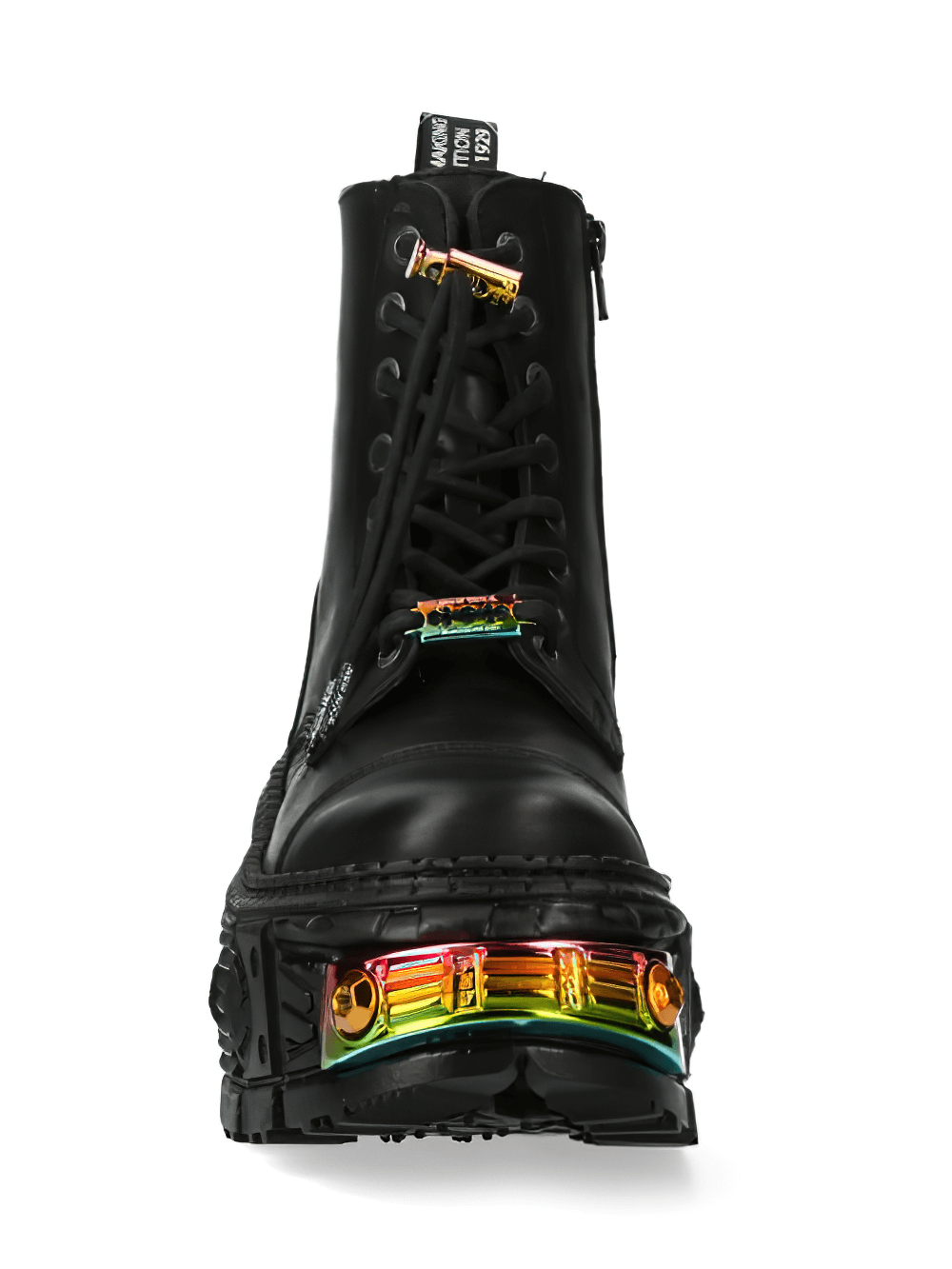 NEW ROCK Black Military Ankle Boots with vibrant color-detail sole, blending bold style and durability.