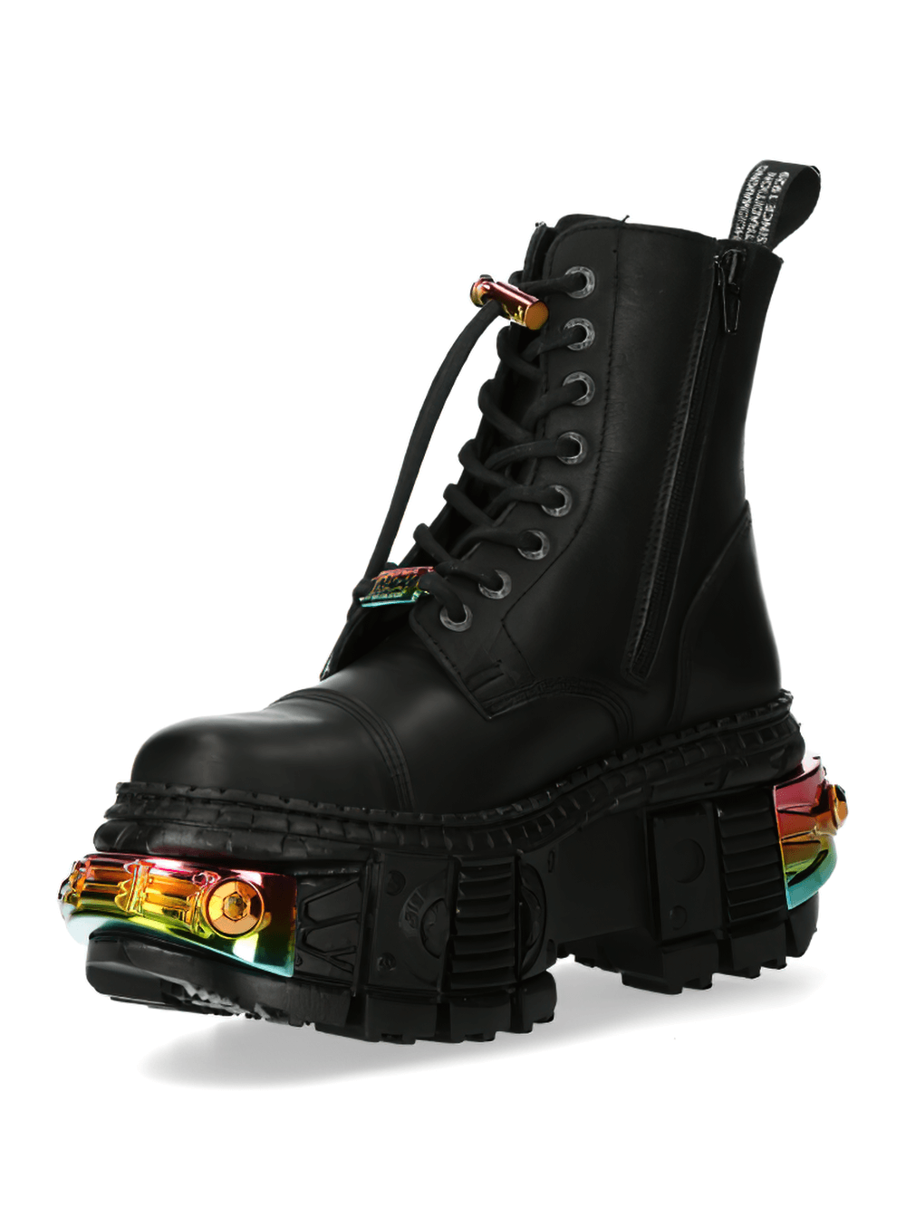 NEW ROCK black military ankle boots with vibrant color-detail sole, combining bold style and durability.