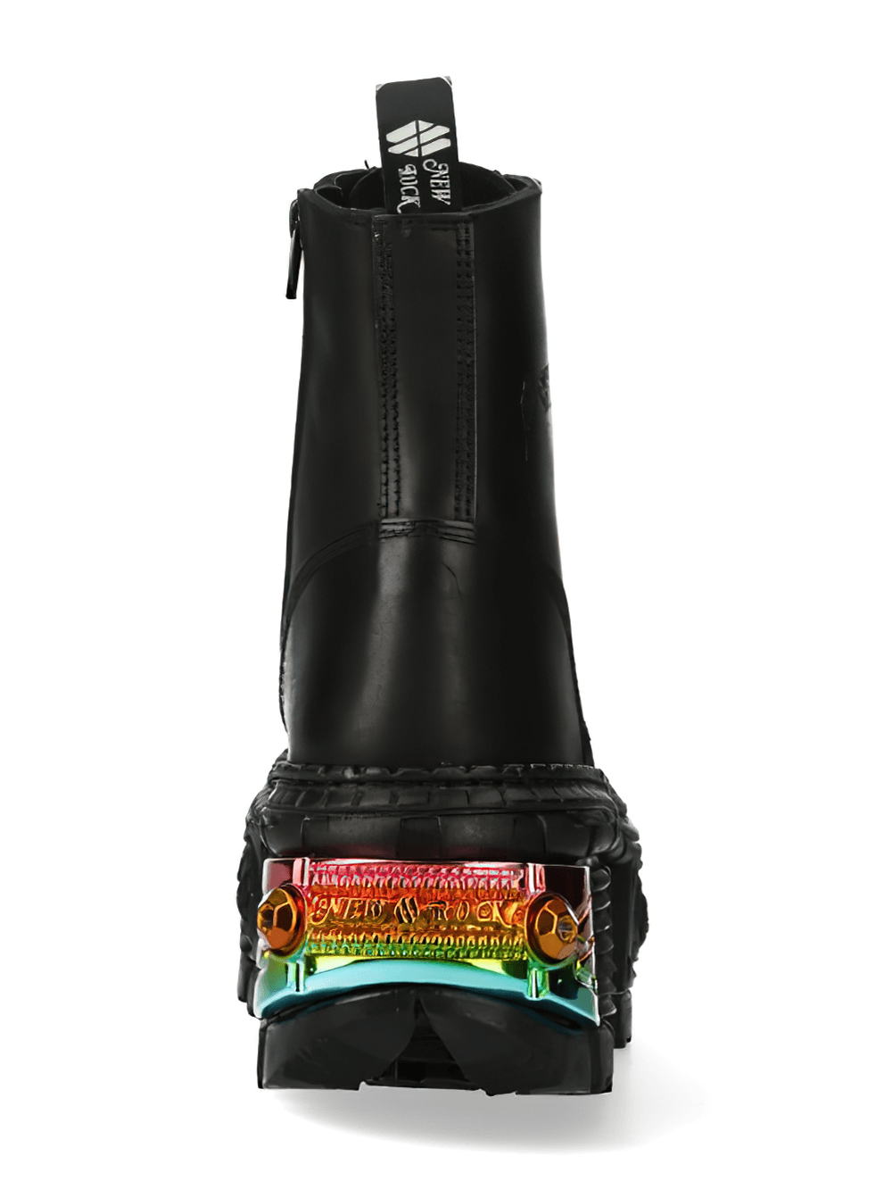 NEW ROCK Black Military Ankle Boots showcasing vibrant color-detailed sole from rear view.