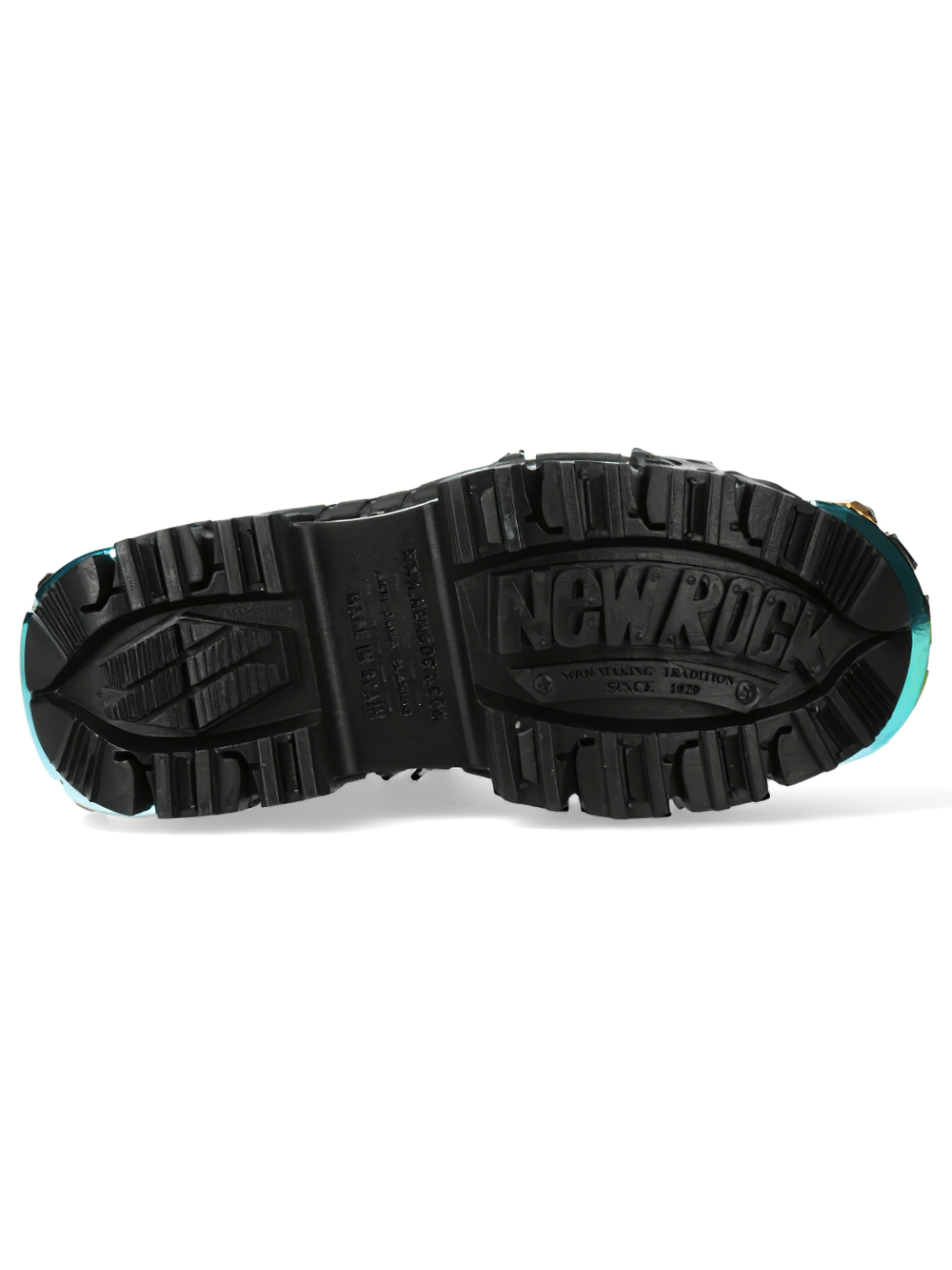 Bottom view of NEW ROCK Black Military Ankle Boots showcasing vibrant sole details and rugged design.