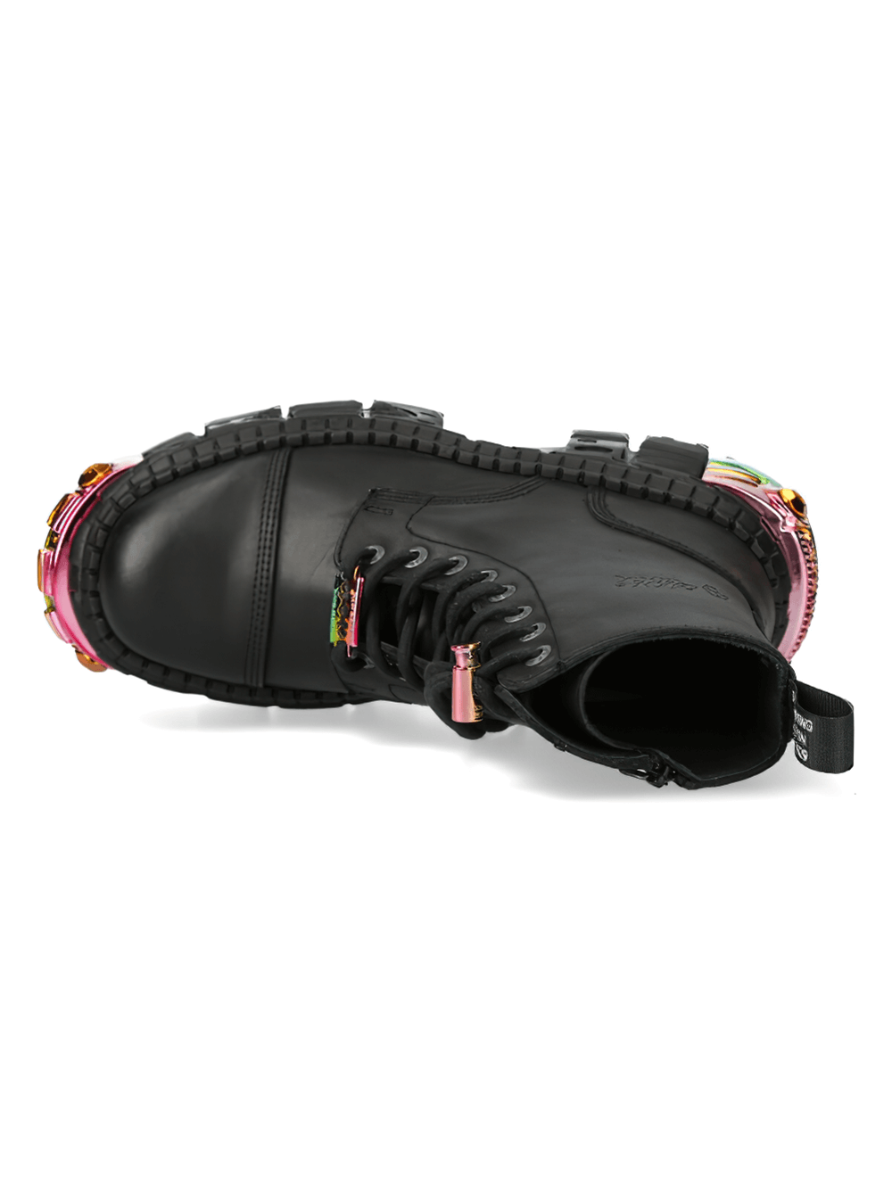 NEW ROCK Black Military Ankle Boots with vibrant color-detail sole, showcasing bold style and genuine cow leather.