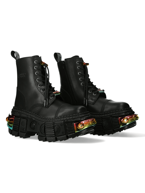 NEW ROCK Women's Black Military Ankle Boots with Color Details