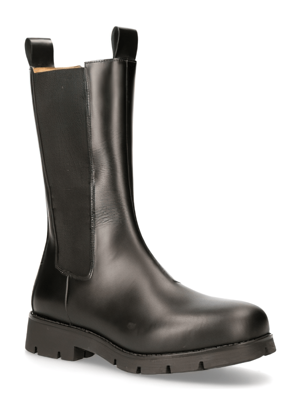 Stylish black mid-calf boots with elastic sides, perfect for a punk military look. Durable cowhide leather and stable rubber sole.