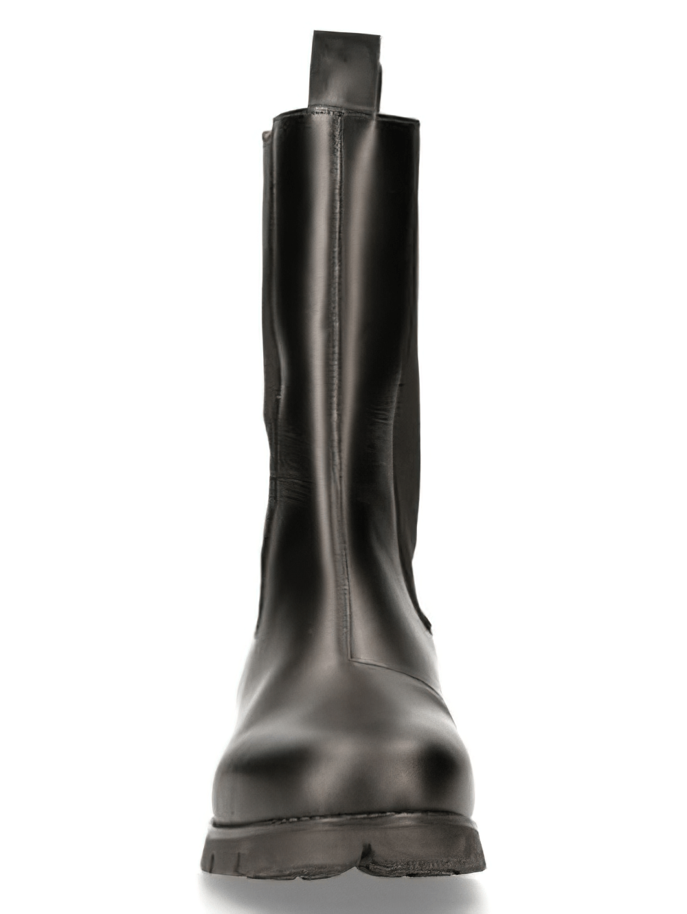 Front view of NEW ROCK Black Military Style Elastic Mid-Calf Boots in sleek cowhide leather. Perfect for punk and military looks.