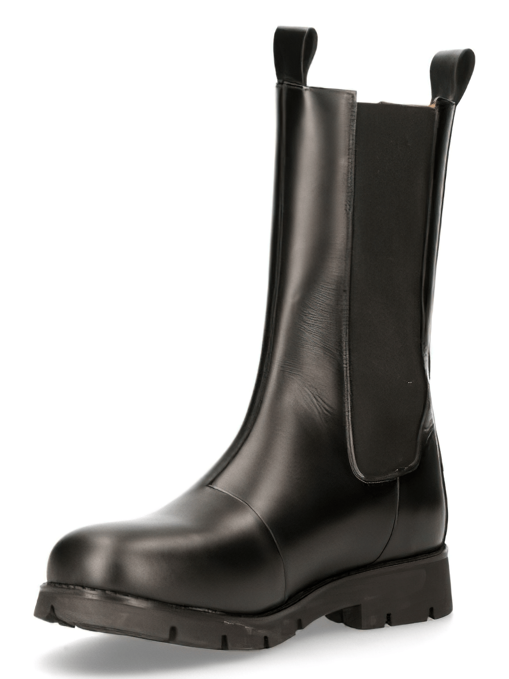 Black military style mid-calf boots with elastic clasp and durable rubber sole for a punk rock vibe.