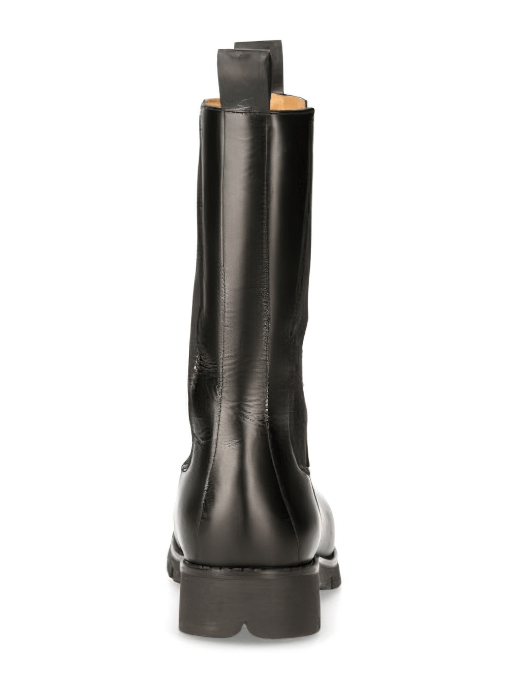 Back view of NEW ROCK black mid-calf boots featuring premium cowhide leather and a sturdy rubber sole.