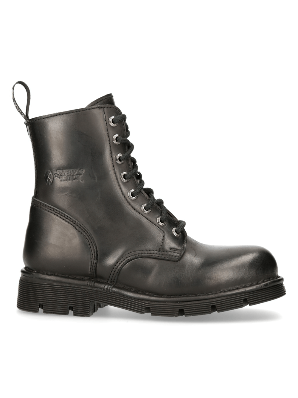 NEW ROCK black military style lace-up ankle boots, rugged punk rock design crafted from leather for durability and style.