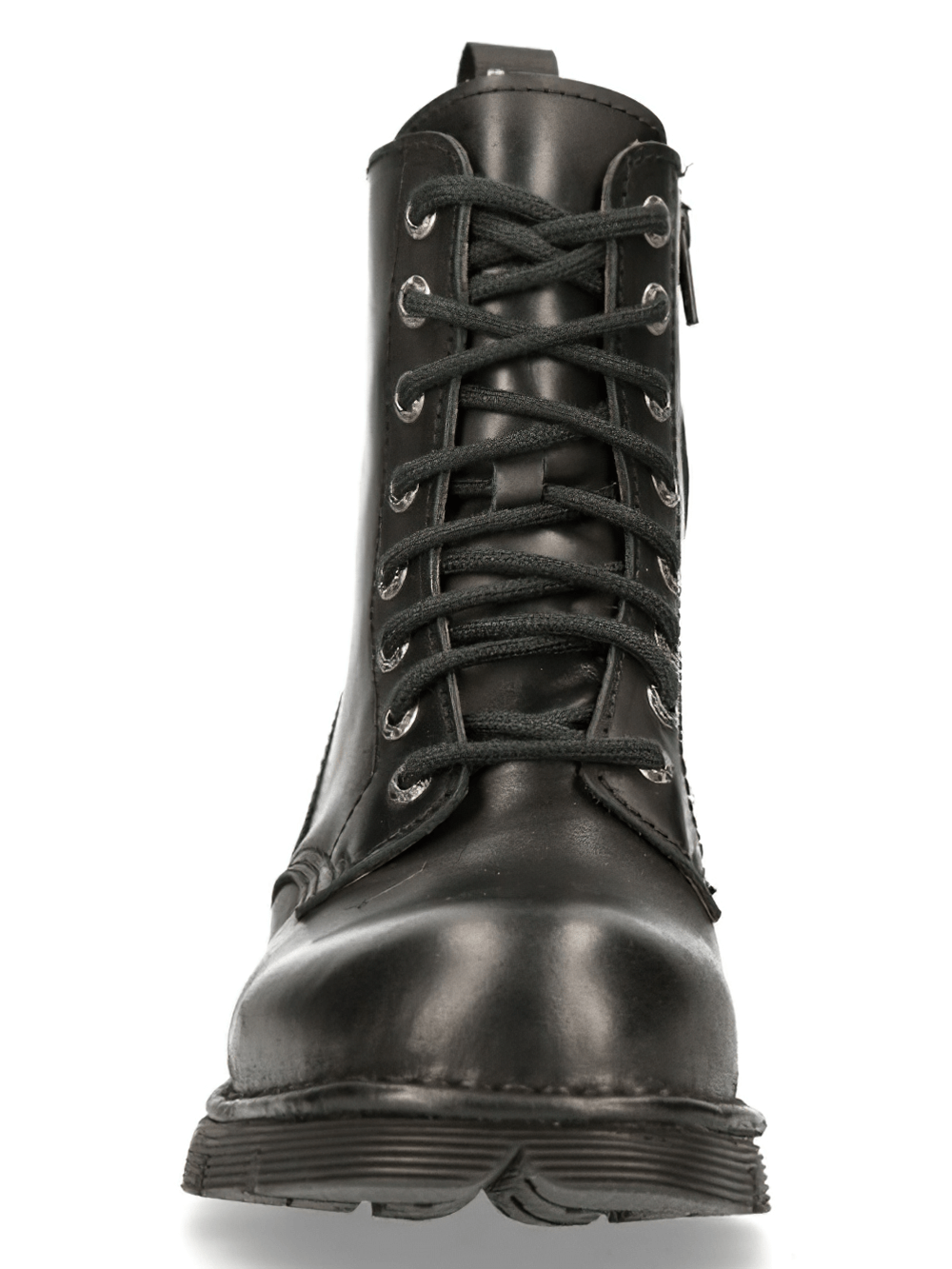 NEW ROCK Black Military Style Lace-up Ankle Boots in sleek leather, perfect for Gothic and punk rock style.