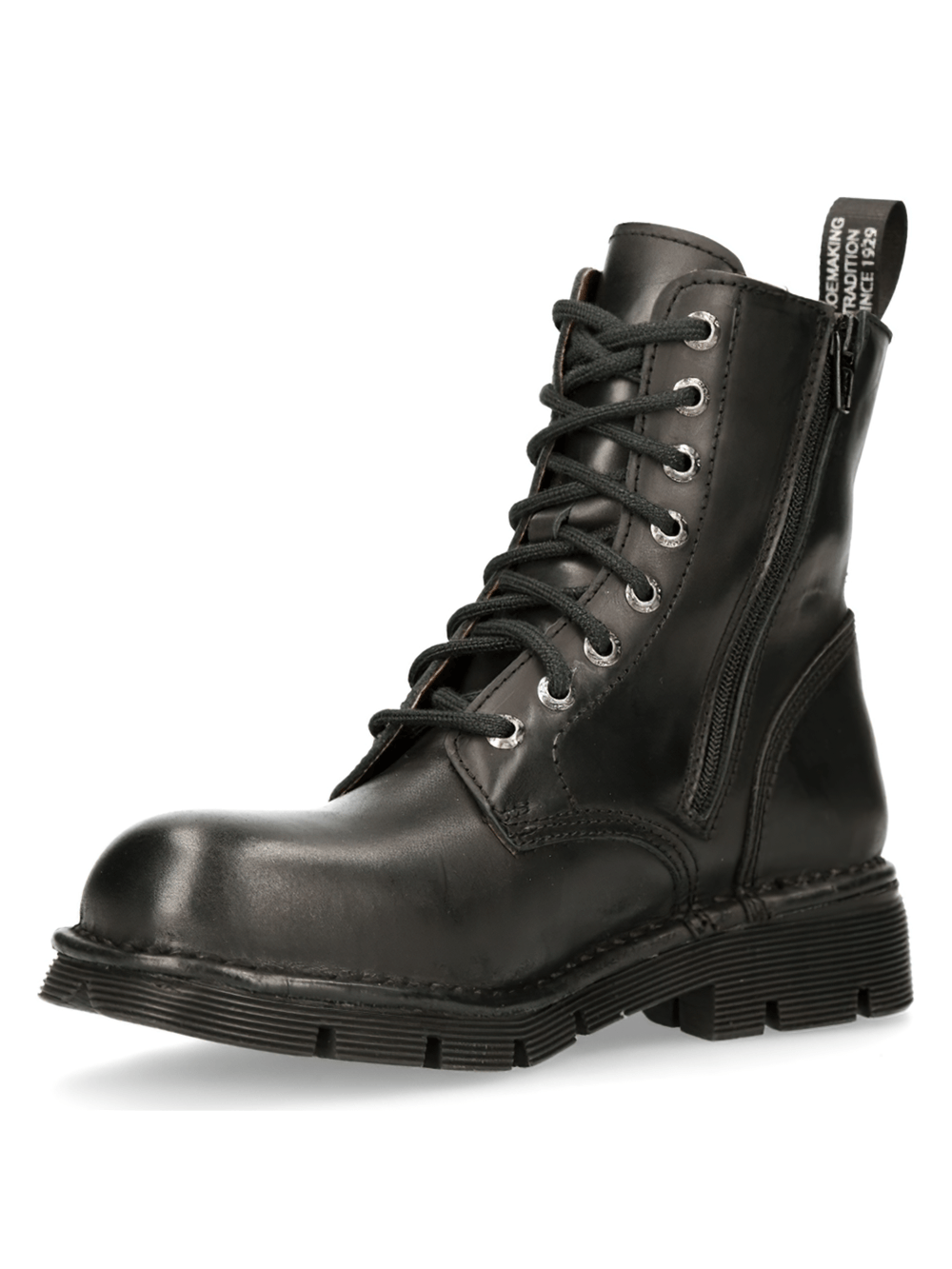 NEW ROCK Black Military Lace-up Ankle Boots with robust design, crafted from leather for punk rock style and comfort.