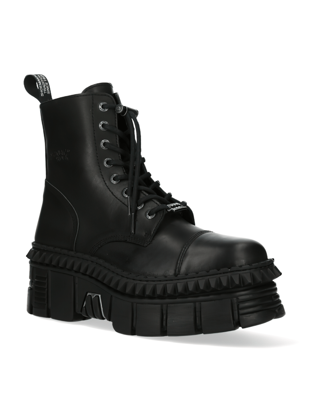 NEW ROCK black military unisex ankle boots with sturdy platform and durable leather design.