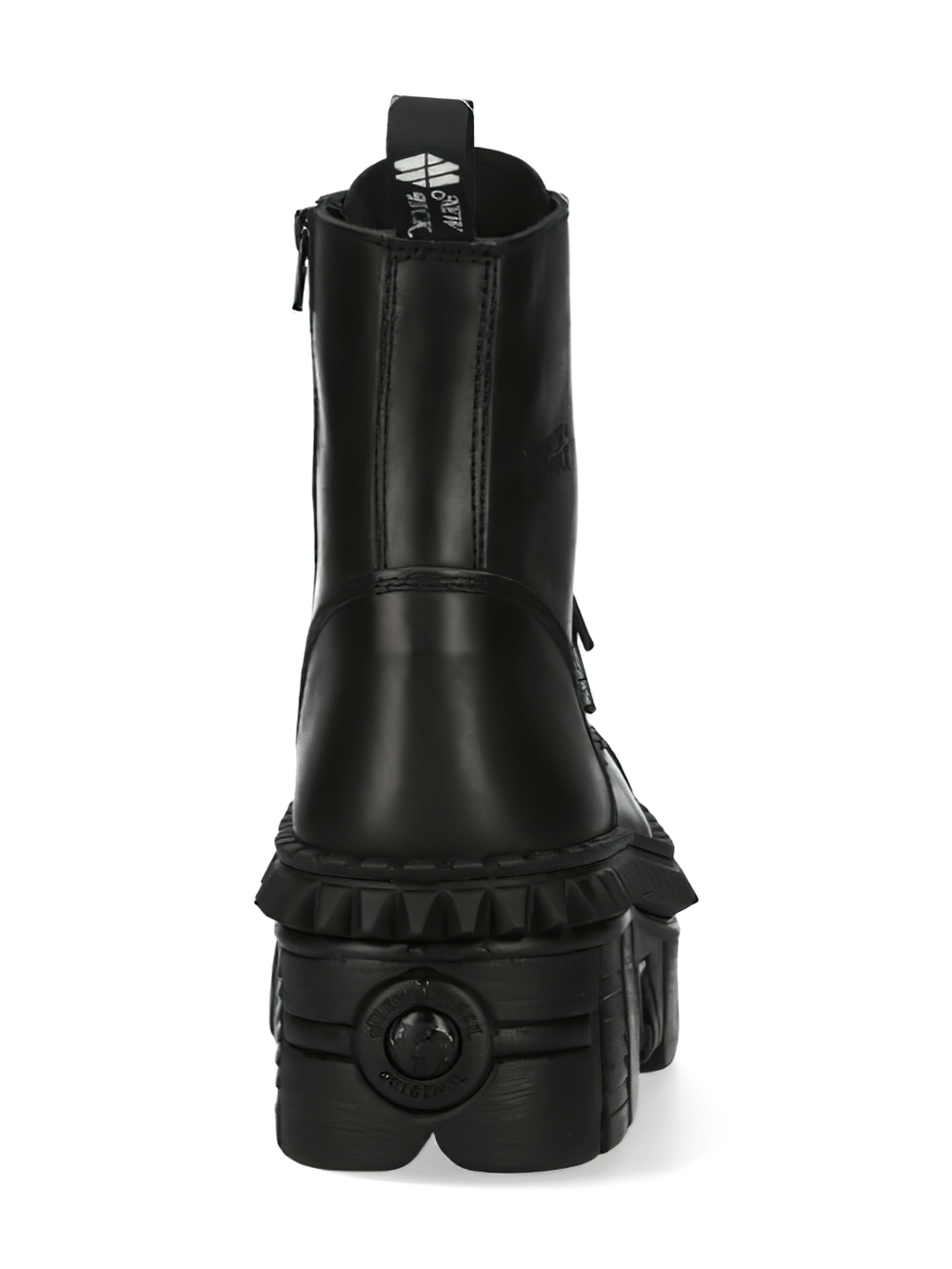 Back view of NEW ROCK Black Military Unisex Ankle Boots showcasing robust platform and stylish design.