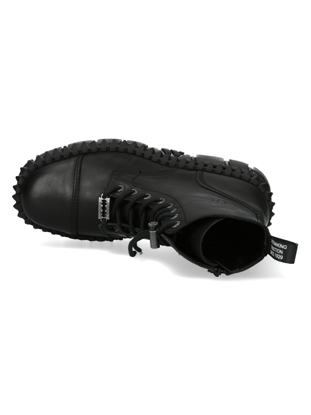 Top view of NEW ROCK Black Military Unisex Ankle Boots, rugged black leather with platform and unique tread design.