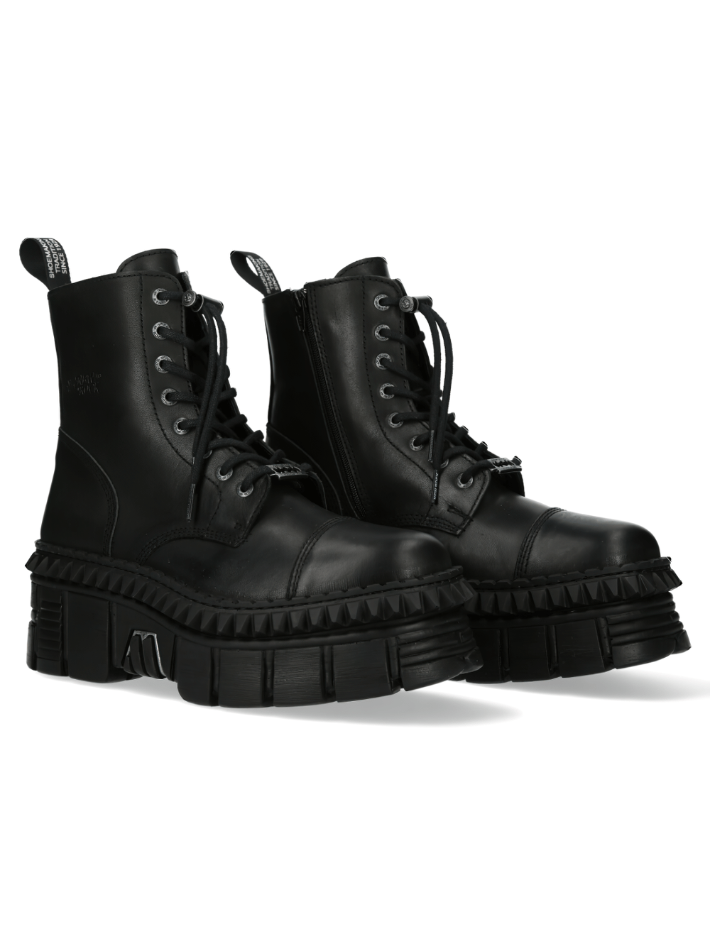 NEW ROCK Black Military Unisex Ankle Boots showcasing rugged leather and bold platforms for a stylish, edgy look.