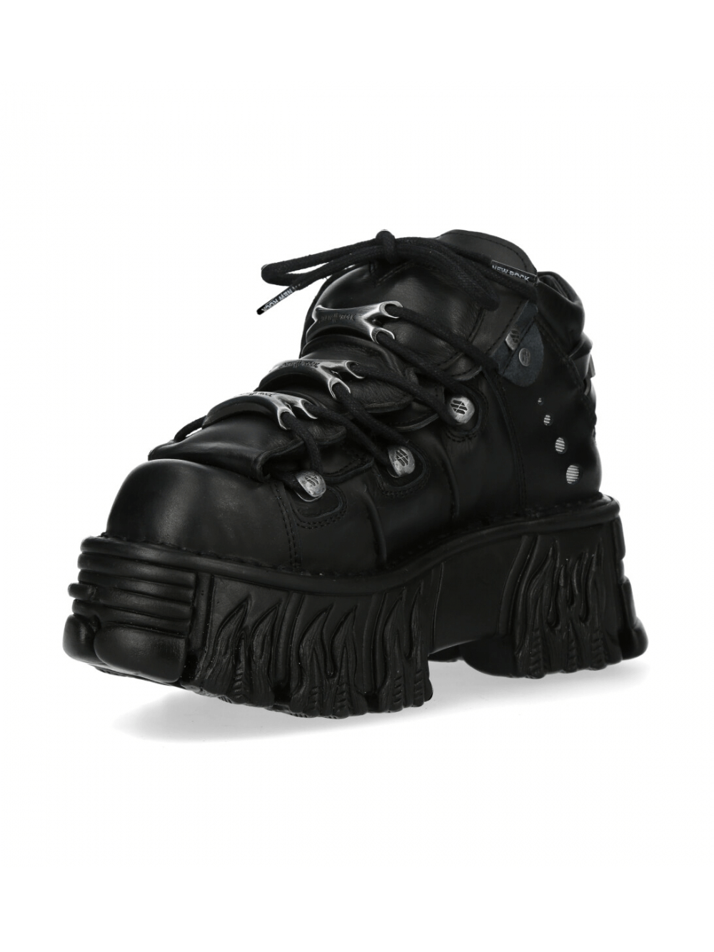 NEW ROCK Men's black platform ankle boots with studded design, featuring a unique flame-shaped sole and lace-up closure.