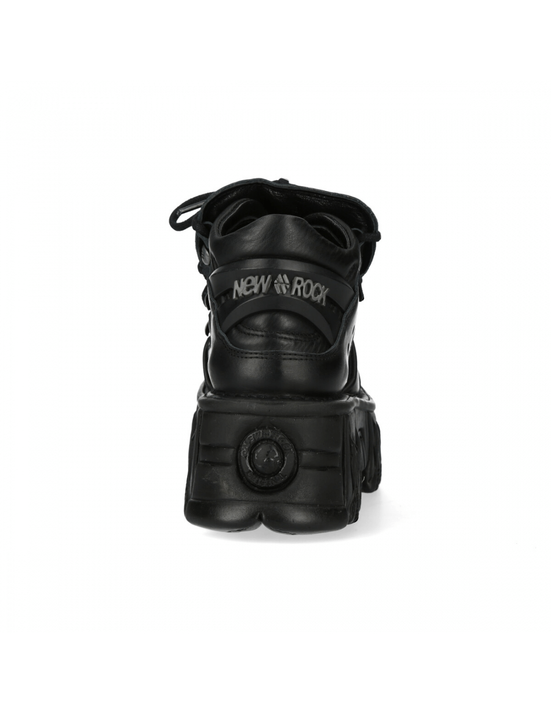 Back view of NEW ROCK Men's black platform ankle boots with studded design, showcasing the unique style.