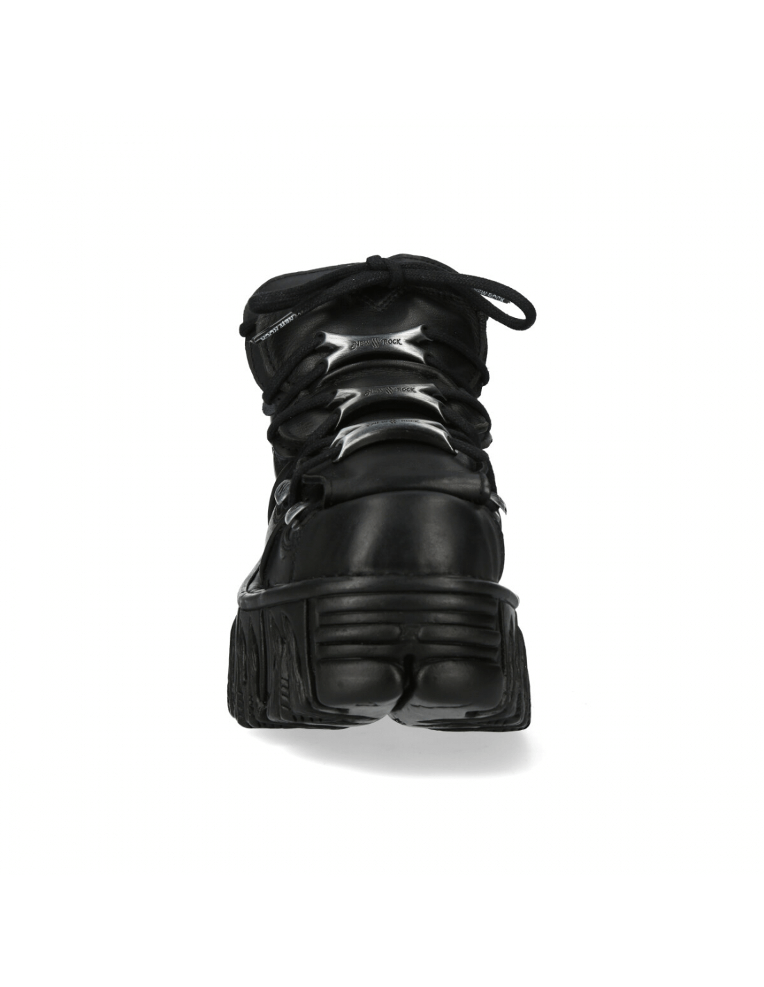 NEW ROCK Black Platform Ankle Boots with studded design, showcasing the back view and lace-up details.