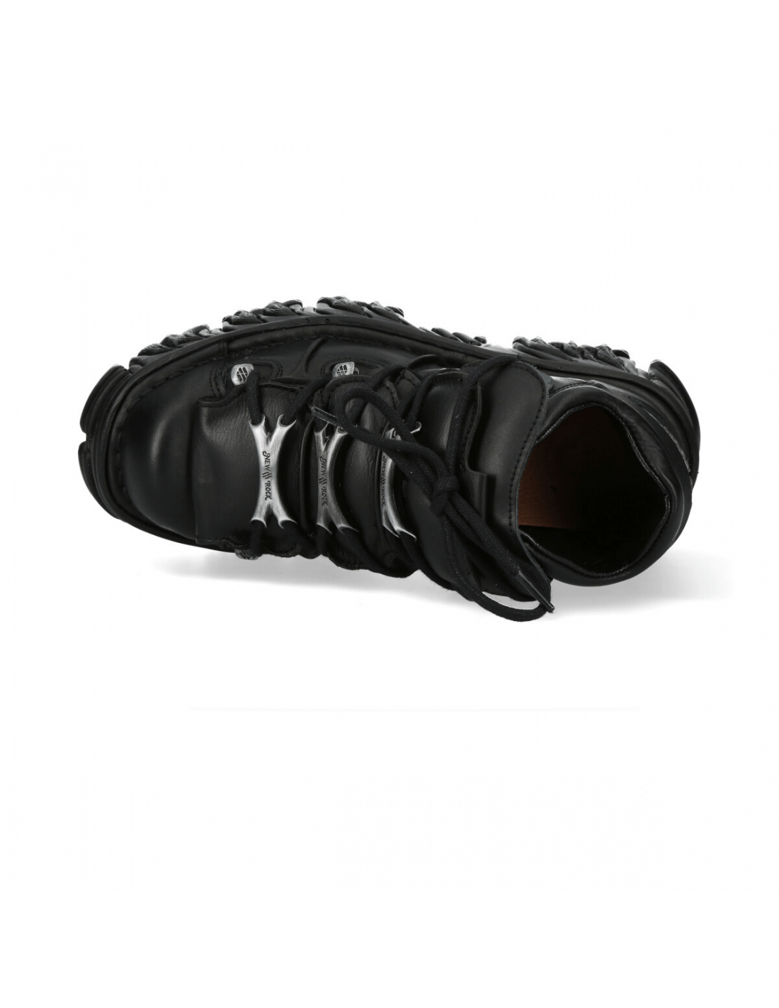 Top view of NEW ROCK Men's black platform ankle boots with studded design, showcasing unique punk and gothic style.