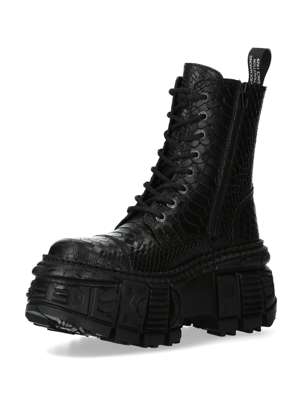 NEW ROCK Black Platform Ankle Boots with textured design, lace-up style, and practical zipper closure.
