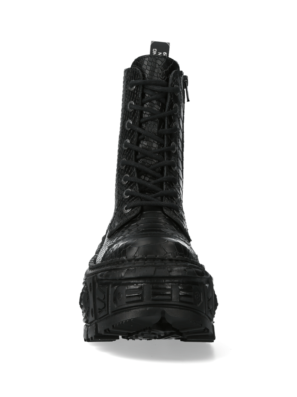NEW ROCK black ankle boots with textured design, lace-up front, and bold rock style, perfect for urban fashion.
