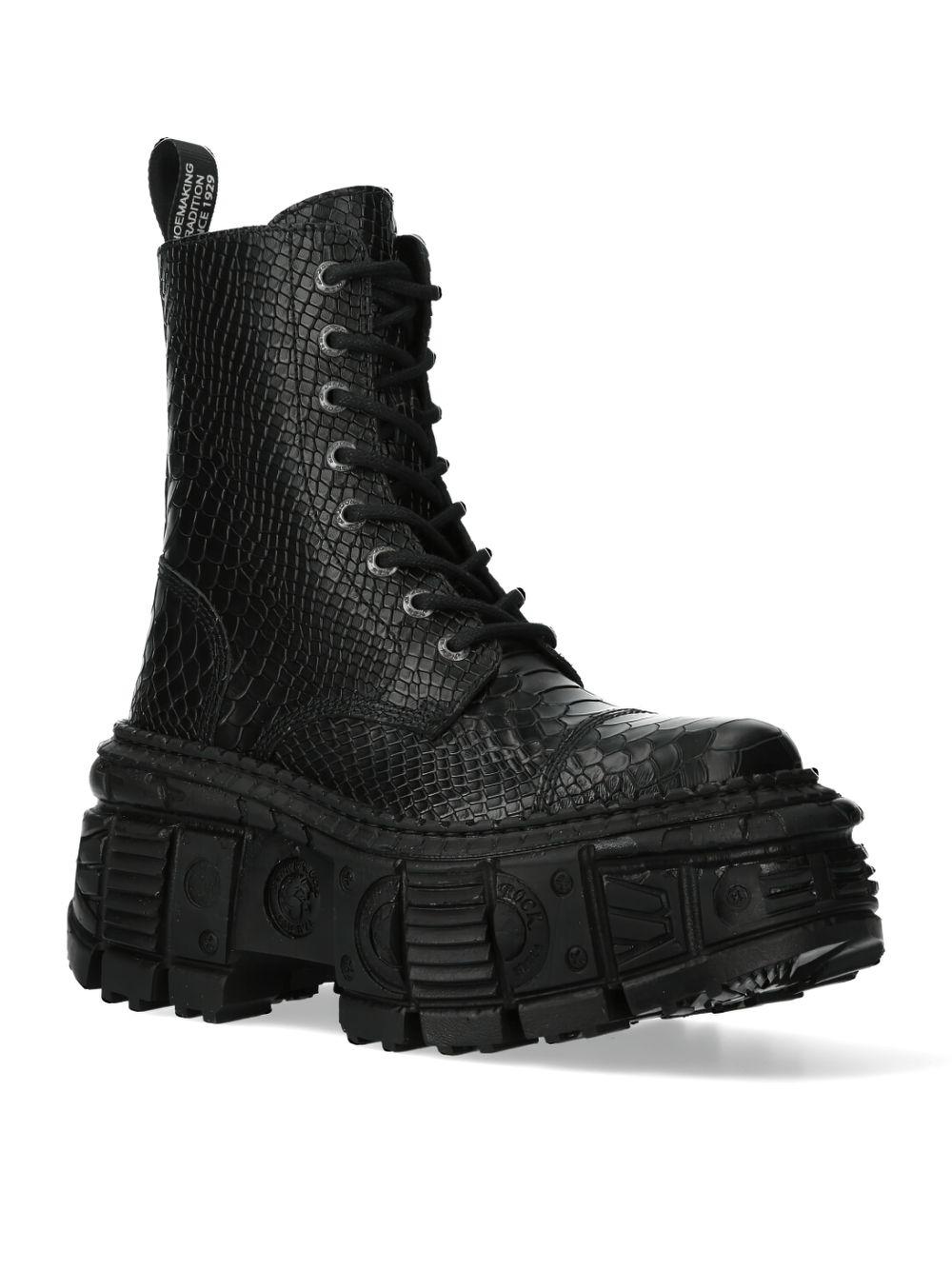 NEW ROCK black textured lace-up platform ankle boots with bold design and chunky sole.