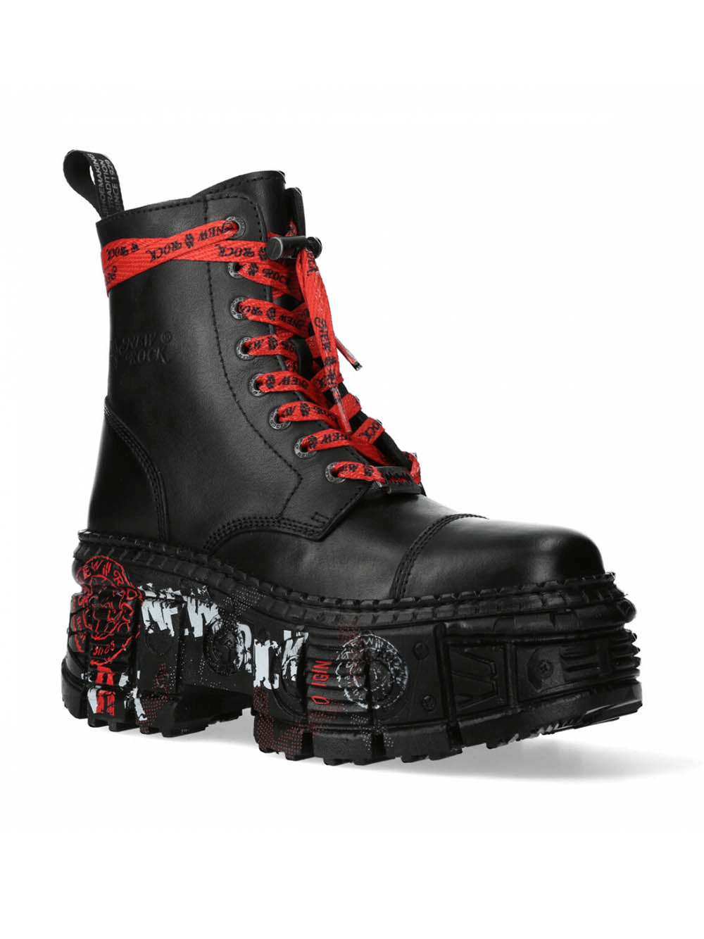 NEW ROCK black platform ankle boots with striking red laces, perfect for an urban heavy rock-inspired look.