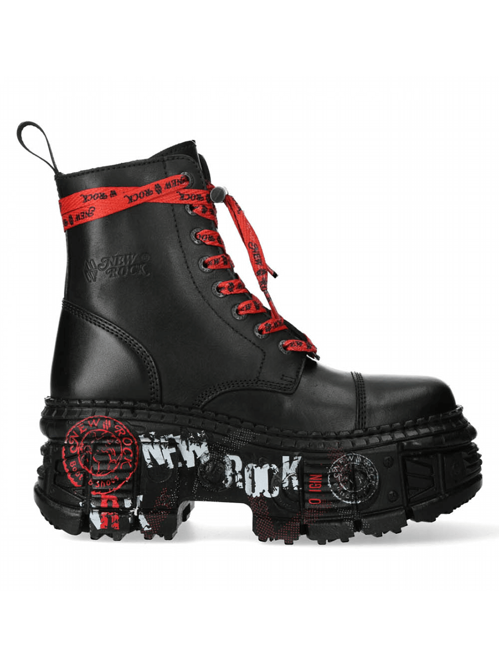 NEW ROCK black platform gothic ankle boots with red laces, designed for a bold rock-inspired look.