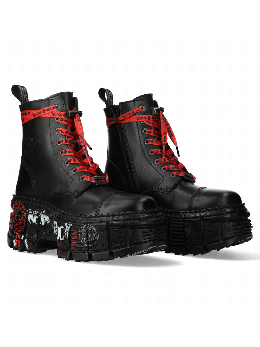 NEW ROCK black platform gothic ankle boots with striking red laces for a bold urban look. Perfect for heavy rock fashion!