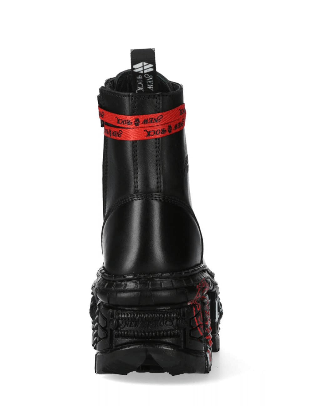 BLACK platform ankle boots with striking red laces and rugged sole, perfect for an urban heavy rock-inspired style.