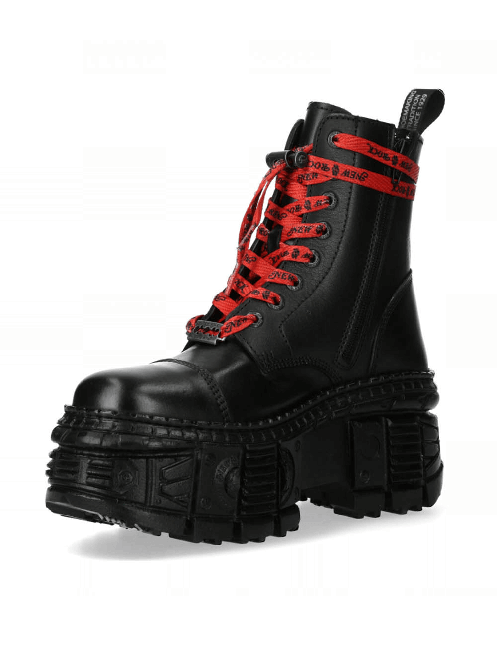 NEW ROCK Black Platform Gothic Ankle Boots with striking red laces, perfect for an urban heavy rock style.