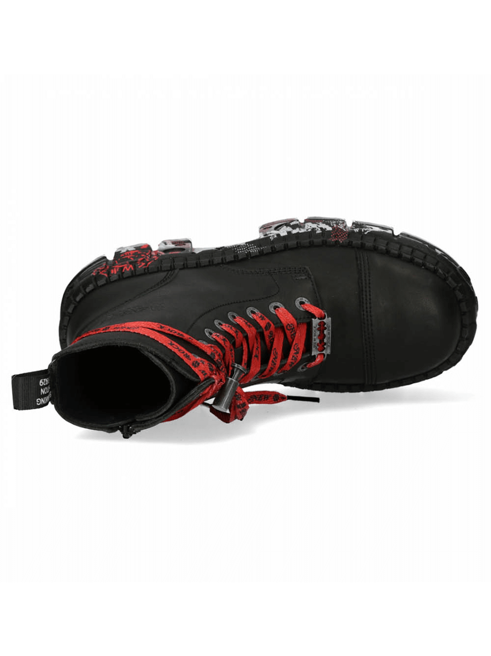 Top view of NEW ROCK black platform gothic ankle boots featuring striking red laces and durable design.