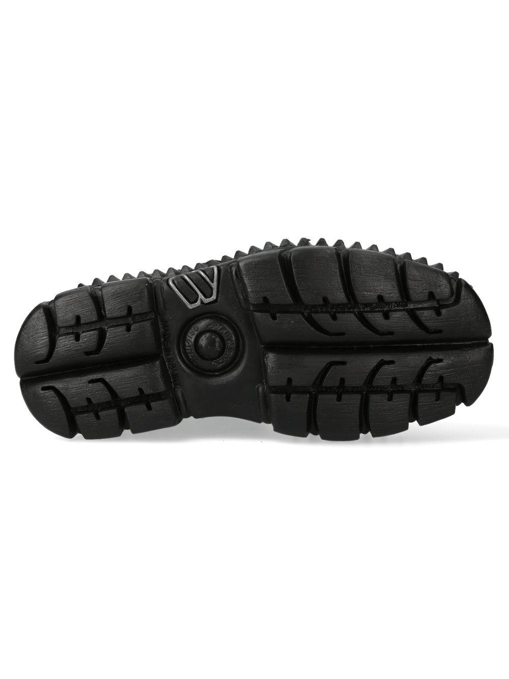 Bottom view of NEW ROCK black platform shoes showcasing chunky sole and rugged tread design for ultimate grip.