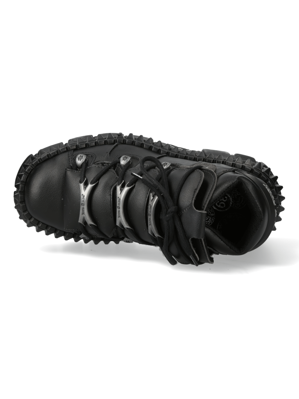 NEW ROCK black platform shoes with chunky sole, edgy strap details, and striking metal studs.