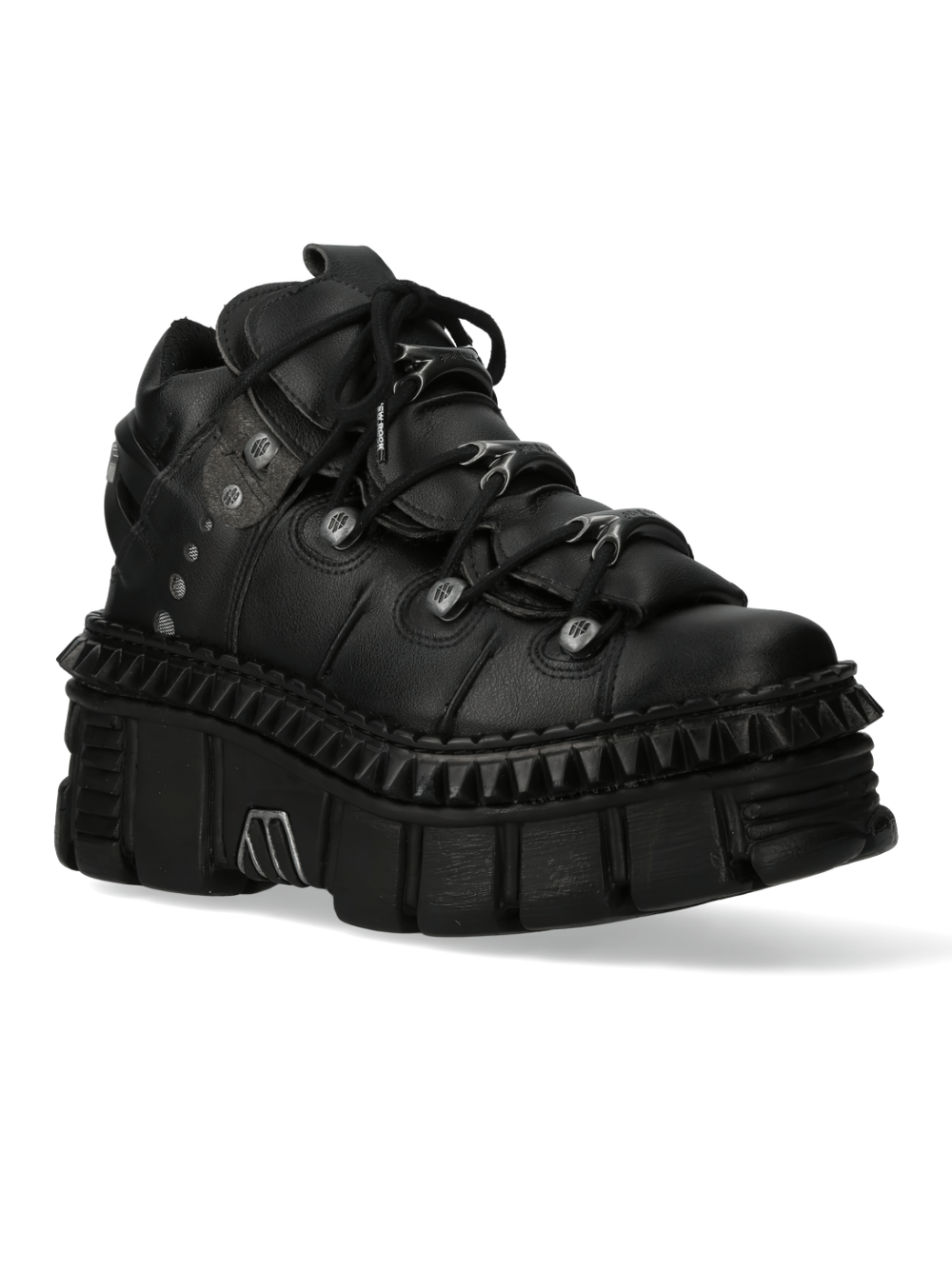 NEW ROCK black platform shoes with chunky sole and studs for bold rocker style and durability.