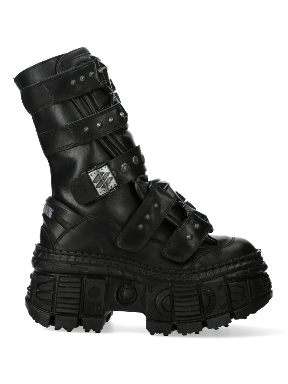 NEW ROCK Men's Black Punk Boots with Buckles and Lace-Up Design in Gothic Style, featuring heavy-duty leather and metallic accents.