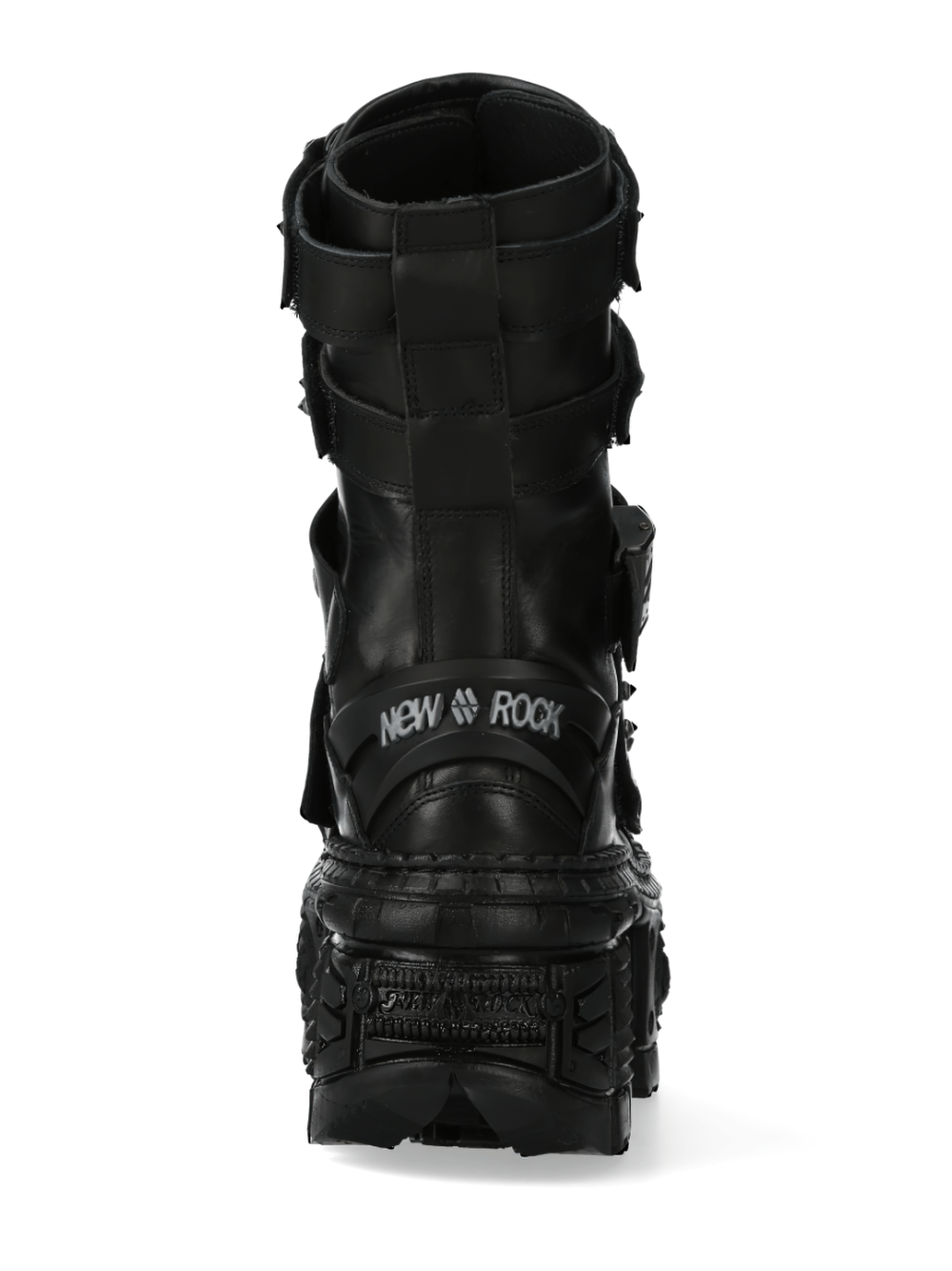 Back view of NEW ROCK Men's Black Punk Boots with buckles and a lace-up design, featuring robust sole and metallic accents.
