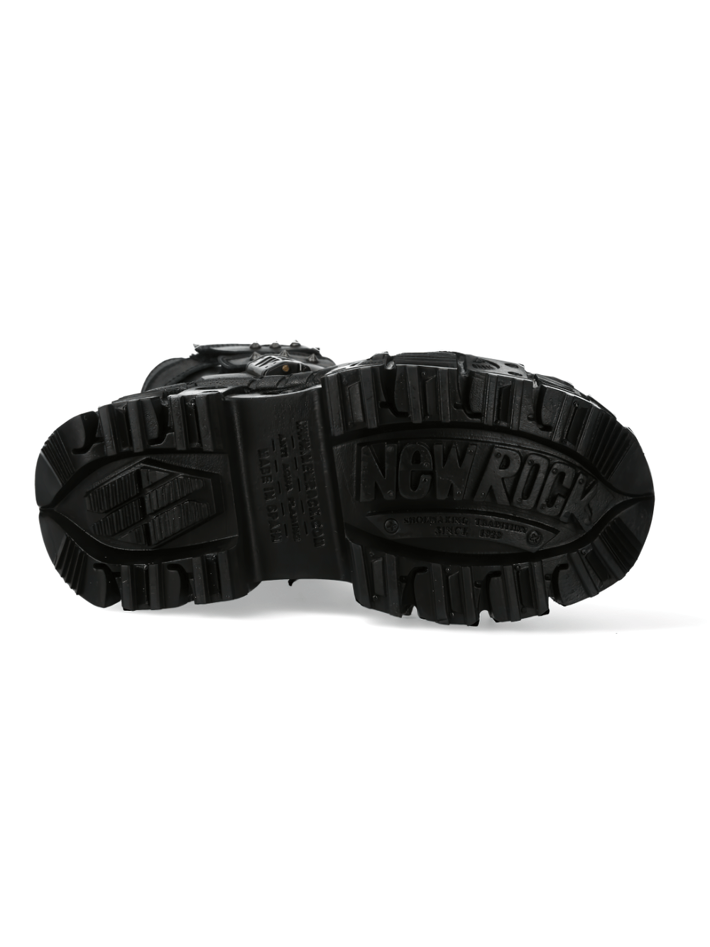 Bottom view of NEW ROCK Men's Black Punk Boots showcasing rugged sole and iconic branding for gothic style.