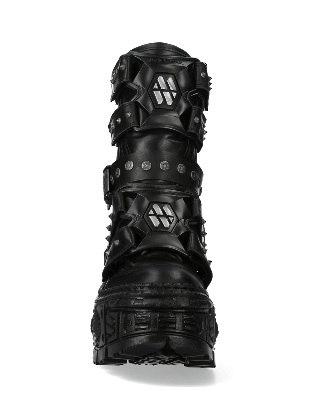 NEW ROCK men's black punk boots featuring buckles, spiked accents, and a rugged, lace-up design for gothic style.