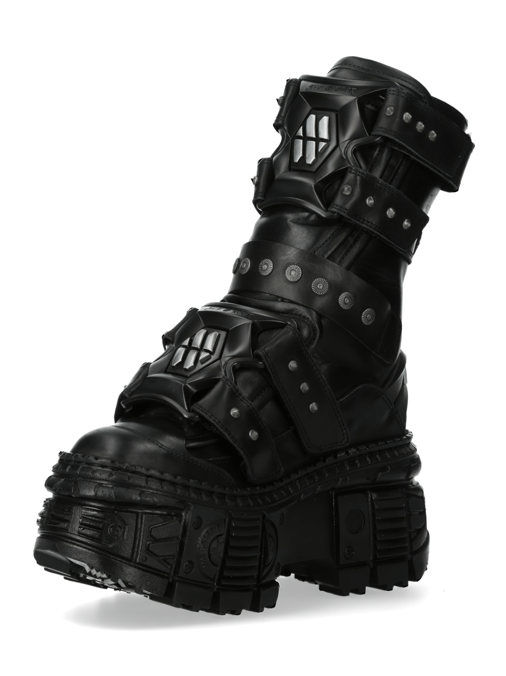 New Rock black punk boots with buckle and lace-up design, featuring a heavy-duty gothic style and metallic accents.