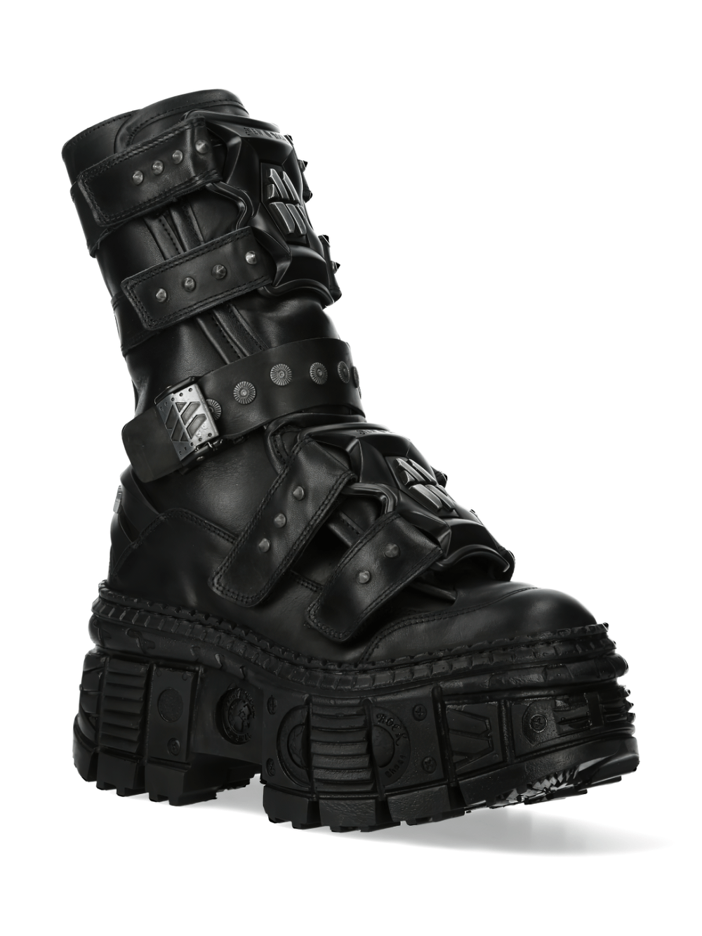 NEW ROCK black punk boots with buckles, lace-up design, and heavy-duty sole for a bold gothic style.