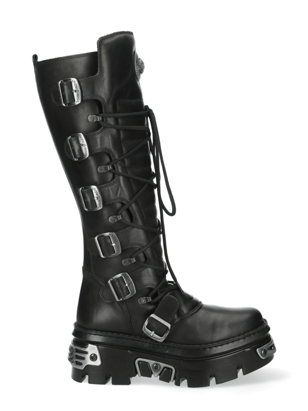 NEW ROCK Black punk rock high boots with buckles, featuring lace and zipper closures for a gothic style.