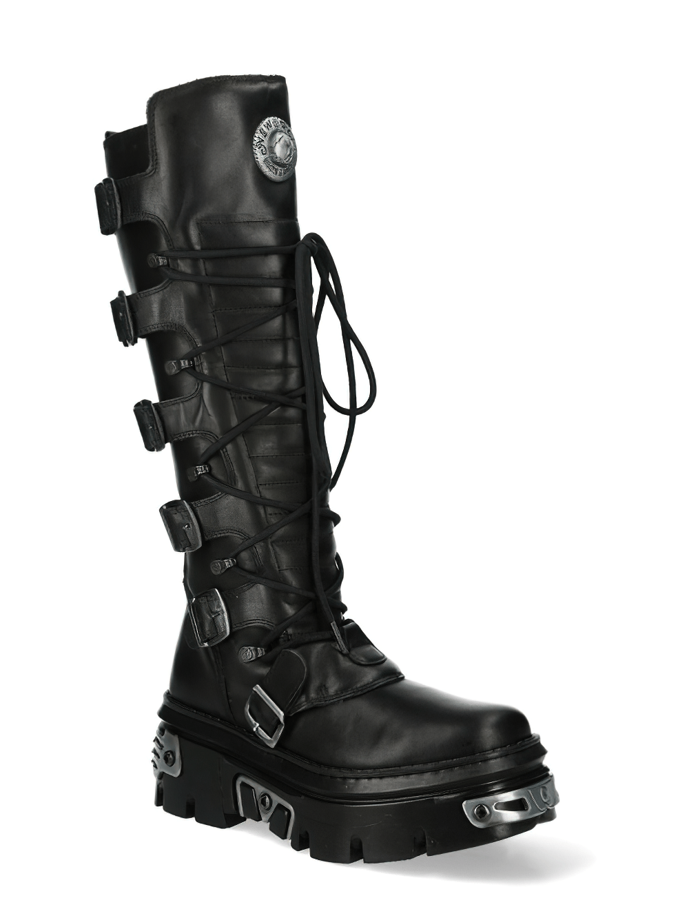 Black punk rock high boots with buckles and laces, showcasing a unique gothic style and sturdy design.